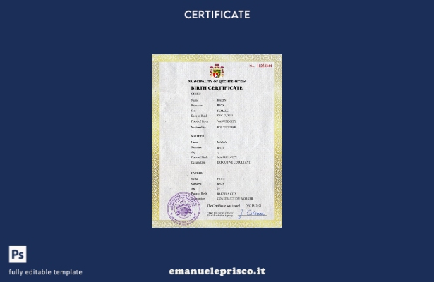 modello PSD del certificato di nascita dello stato civile del Liechtenstein in s